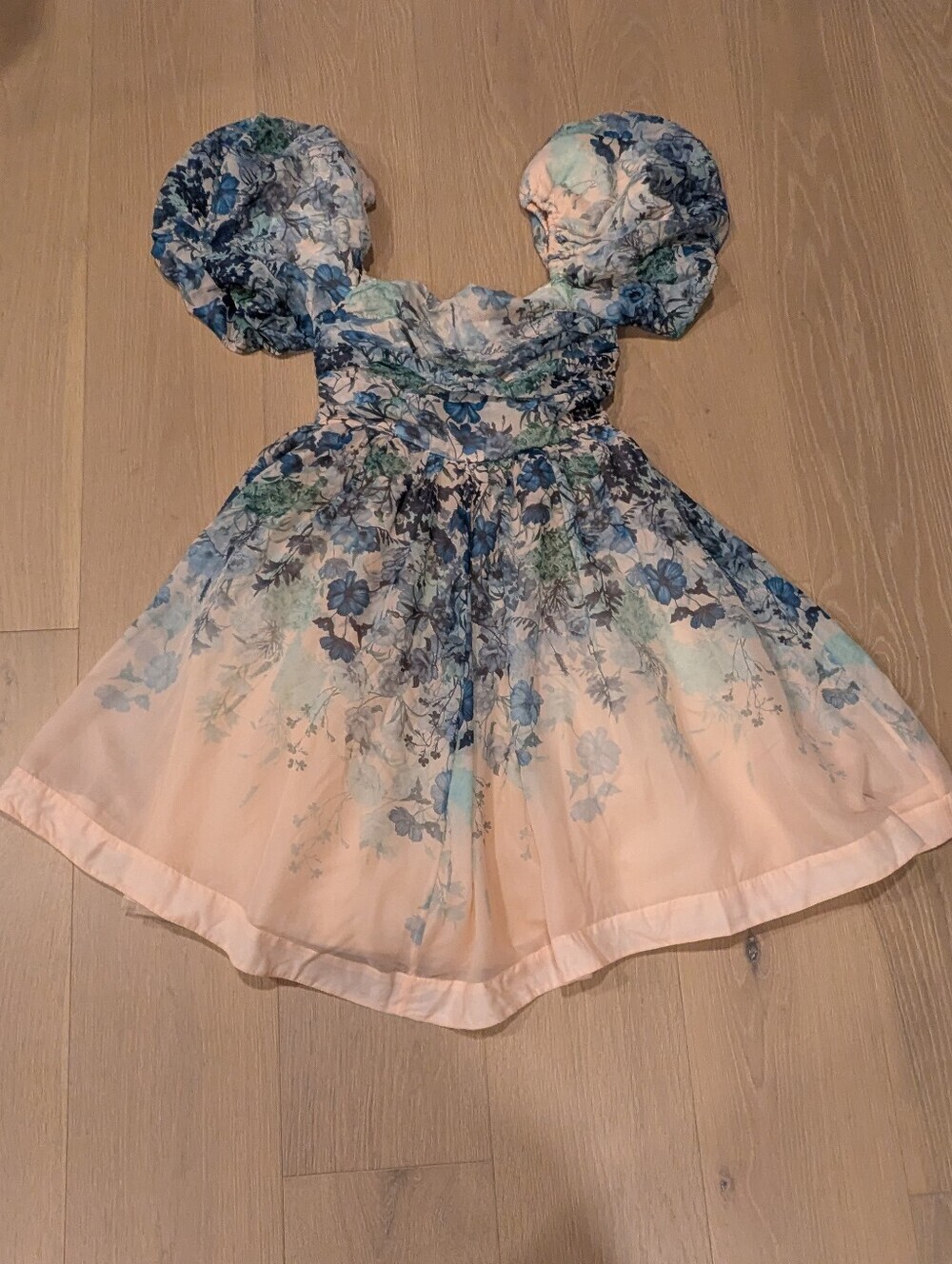 Floral Puff-Sleeve Dress in Cream and Blue - Let Me Be